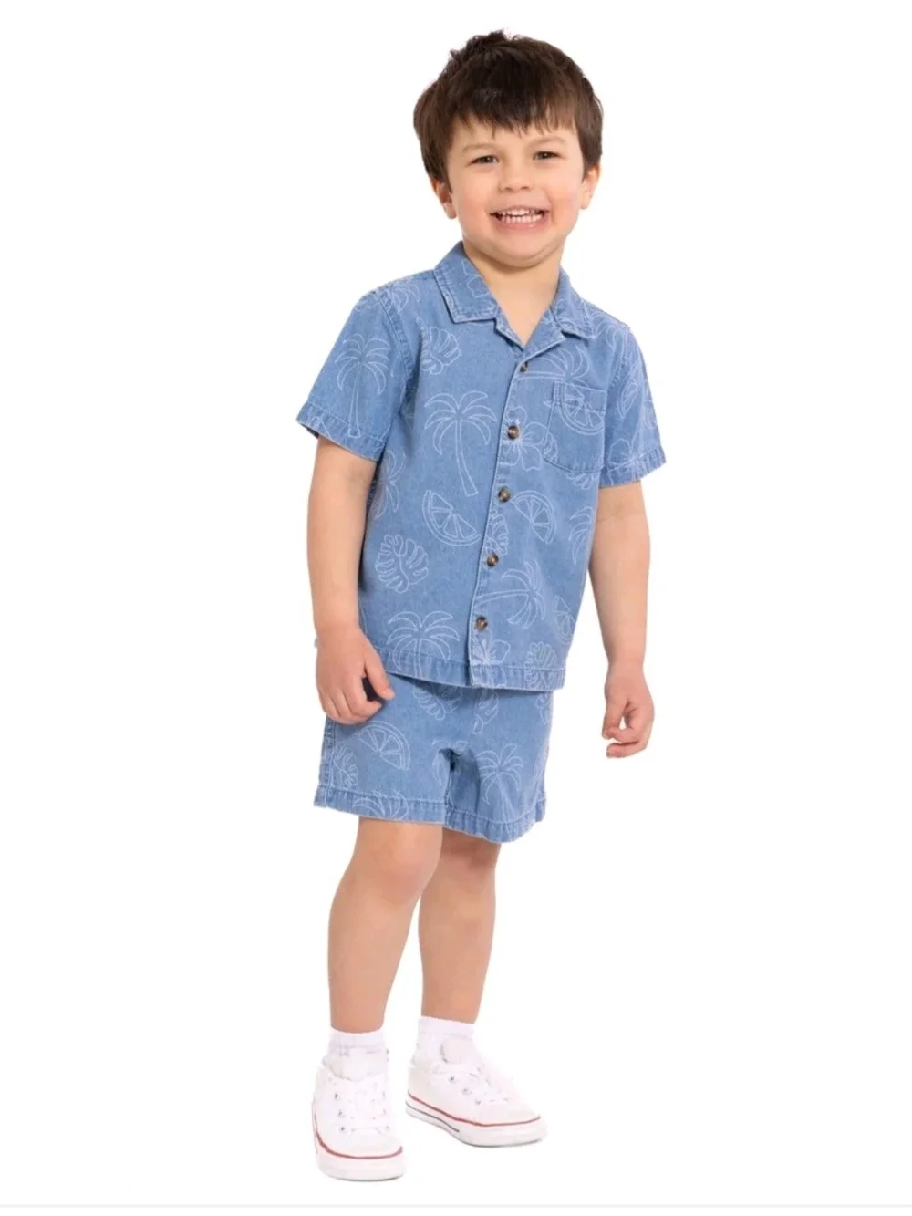 2 Piece Denim Set - Light Blue Button Up Top & Elastic Waist Shorts NWT
